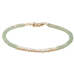 LKBEADS Freshwater Pearl & Aqua Chalcedony bracelet with Silver clasp - 3-3.5mm Rondelle beads- Smooth & Faceted Cut -7 Inch Bracelet– Healing, Fashion, Gift, Spiritual, Yoga|LK_STACK_07608
