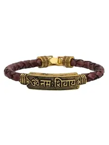 Brown Shiv Om Namas Shiva Gold Plated with Leather Strap Bracelet
