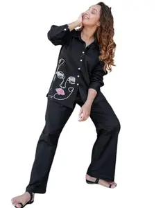 infinity collection stor Women's Cotton Embroidery Co-Ord Set | Casual Wear Pant Top Set | Fancy Co-Ord Set (Black-M)