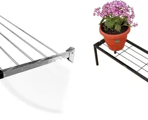 CONCEPT & SOLUTIONS 5 Pipes x 5 Feet - Foldable Wall Mounted Cloth Dryer/Clothes Stand (5 Pipes, 3 feet) and Metal Plant/Pot Stand for Garden | Planter Stand for Indoor & Outdoor (Black - Pack of 4) Combo Pack|CS-413