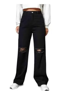 Daring Chic: 2 Cut Knee Jeans for Trendsetting Women and Girls (34, Black)