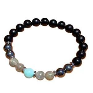 RRJEWELZ Natural Amazonite, Hematite, Labradorite & Black Tourmaline 8mm Round Shape Smooth Cut Beads 8 Inch Stretchable Bracelet For Men & Women. Unisex Bracelet For Healing|STBR_RR_09714_8.0