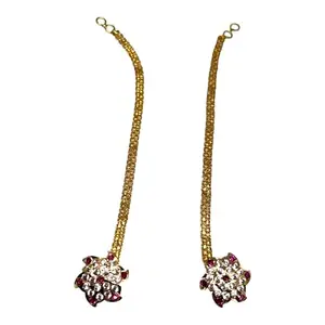 Premium Traditional Impon/Panchaloha/Five Metals White and Ruby Stones Floral Stud Earrings with Forming Ear Chain/Matti/Mattal/Kaan Chain, Fashion Jewellery for Women and Girls (P430)