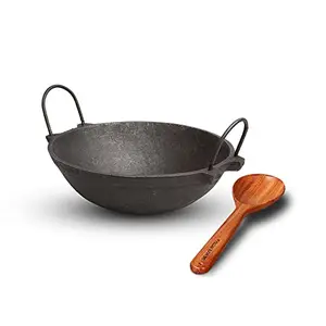 The Indus Valley Cast Iron Kadai (25 cm) and Neem Wood Stir Oval (29 cm), Cast Iron Kadai & Neem Wood Stir Oval Cookware Set, 2 Pieces, Black, Brown price in India.
