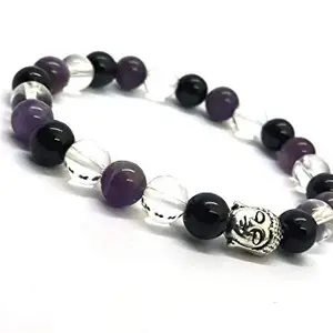 Astroghar Amethyst Clear Quartz Black Onyx Buddha Crystal Stretch Bracelet for Men and Women