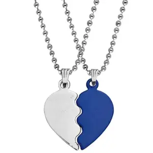 Shiv Jagdamba Sujal Impex Valentine Gift Trendy Broken Heart Couple Engraved Dual Silver, Blue Stainless Steel Pendant Necklace Chain For Men And Women