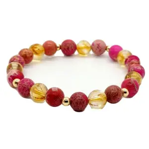 RRJEWELZ Natural Citrine & Sea Sediment Jasper 8mm Round Shape Smooth Cut Beads 6.5 Inch Stretchable Bracelet For Men & Women. Unisex Bracelet For Healing, Meditation, Prosperity & Luck|STBR_RR_11014_6.5