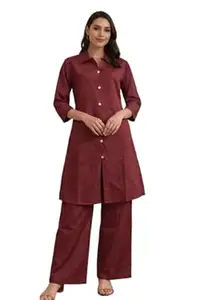 The Xoxo Women’s Maroon Solid Kurti Pant Set | Button-Down A-Line Kurta with Straight Pants | Office Wear & Casual Ethnic Co-Ord Set