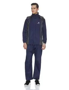 Amazon Brand - Symactive Premium Seam Sealed Raincoat with High Neck Hood Jacket, Waterproof Pant and Carry Bag (Unisex, Blue, XL)