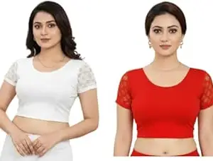 TRUNESS Round Neck Cotton Lycra Stretchable Half Net Sleeve Readymade Saree Blouse for Women and Girls, Size (26 to 44)