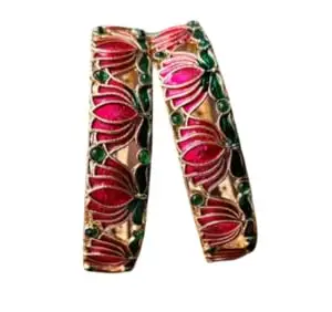 Traditional Lotus Design Bangles Set with Red Enamel and Green Stones, Gold-Toned (2.8) big size for fatty hands only