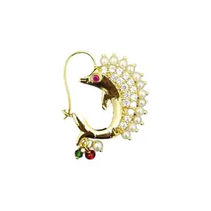Traditional Maharashtrian Nose Ring, Gold-Plated Dolphin Design with Pearls and American Diamonds, Multicolour-Pearsing Required