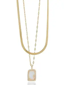 QUERALT Double Layer Chain Set Gold Tone For Women, Square Pendant With Snake Chain Stainless Steel |Fashion Jewellery| Birthday Party, Anniversey Gift