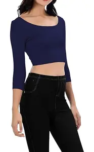 THE BLAZZE Women's Cotton Stretchable Western Stylish Scoop Neck 3/4 Sleeve with Back Scoop Flashy Basic Solid Crop Top for Women L676 1304 (XL, NVY)