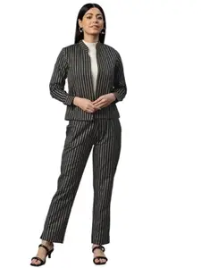 Cottinfab Women Striped Black Embroidered Open Jacket Suit Set