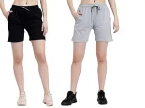 BLUE STAR SHARK Women's Athletic Gym Shorts | Stretchable & Relaxed Fit | Running, Jogging & Yoga Workout Shorts with Pockets | Casual Summer Cycling & Sleep Shorts | Pack of 2