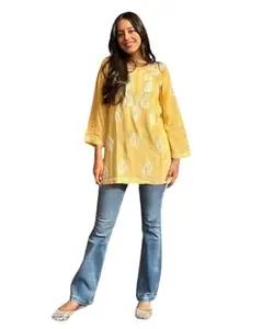 Women Embroidered Top & Tunic | Rayon Embroidery Short Kurti| Lucknavi Embroidery Top (Small, Yellow)