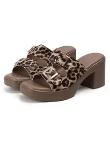TRYME Stylish Slip on Leopard Printed Duble Buckle Strap Chunky Block Heel Sandals For Women And Girl