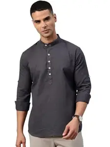 Majestic Man Men's Pure Cotton Solid Mandarin Collar Slim Fit Roll-Up Sleeves Short Kurta