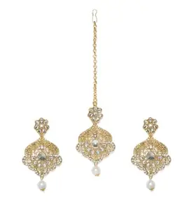 Shashwani Women's Rose Gold Plated Alloy Kundan Earrings & Mangtikka-PID47355