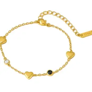 PURPLE DRIZZLE Gold Plated Heart Chain Bracelet with Crystal and Black Stone Accents, Adjustable Length