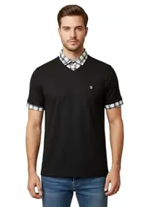 PRASHIV ENTERPRISEE Men’s Short Sleeve V-Neck Polo Shirt with Plaid Collar – Casual Slim Fit Layered Style Breathable Summer T Shirt for Men