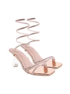 Shoetopia Elegant Embellished Rose-Gold Heeled Sandals For Women & Girls /EU39