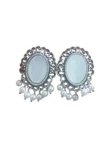 MYSTERIOUSMART Vintage Style Oxidized Silver Earrings with Pearl Drops, Oval White Stone, Filigree Design