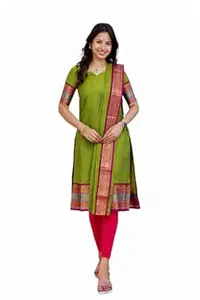 ALAKHI STUDIO Women’s Kanchi Cotton Kurta Set with Dupatta |V-Neck Straight Calf-Length Parrot Green Kurti with Half Sleeves|Ethnic Wedding, Festive & Casual Wear for Women | 2 Piece Set