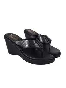 Shoetopia Women’s Black Wedge Heel Sandals with Textured Strap | Comfortable Slip-On Platform Slippers for Casual & Party Footwear EU41