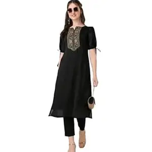 Zarivaah Women’s Straight Kurta set with Embroidered Neck Design | 3/4 Sleeve Ethnic Wear with Side Slits