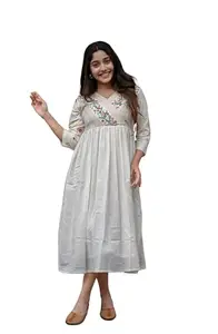 KOSHH Women's Cotton Embroidered Short Anarkali Gown (Off White-XL)
