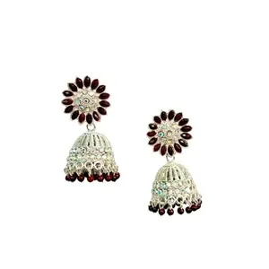 GM ENTERPRISES Traditional Sunflower Jhumka Earrings Set for Women & Girls – Antique Gold Plated Oxidized Ethnic Jewelry – Lightweight & Elegant – Perfect for Weddings & Cultural Occasions (Dark Red) – Pack of 1