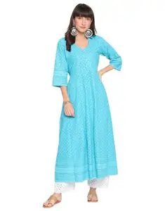 Women's Casual 3/4th Sleeve Chikan Embroidery Cotton Kurti (Light Blue, L)-PID48462