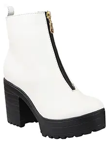 Shoetopia Womens White Solid Zipper Block Heeled Boots