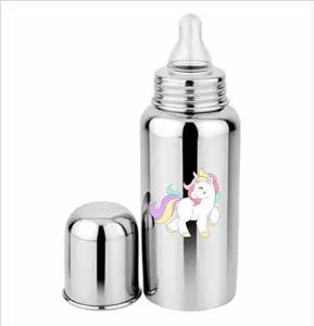 Duggu kids Stainless Steel Feeding Bottle 304 Grade Steel with Anti Colic Silicone Nipples - 250 ml (Silver) /Ideal for Newborns and Toddlers/Unicorn Theme Baby Milk Feeding Bottle (Pack of 1)