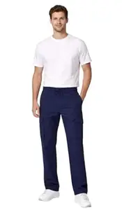 Men's Cargo Pants with Drawstring, Navy Blue, Casual Workwear Trousers with Multiple Pockets