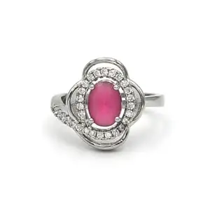 Vervit Fashions Vervit Flower Shaped Antique Ladies Ring With Pink Oval Zircon Stone | Classy Design in Silver Brass | Simple Ladies Ring For All Occassion