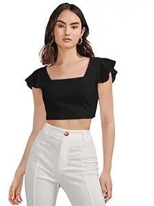 Aahwan Polyester Solid Black Ruffle Sleeve Tie Back Knot Slim Fit Crop Top For Women's & Girl's (213-Black-Xs)