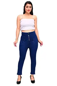 Beauty Women's Slim Fit 7 Button Casual Denim Jeans | High Waist Dark Blue Color Jeans | Stretchable High Rise Skinny Fit Denim Jeans for Girls/Ladies