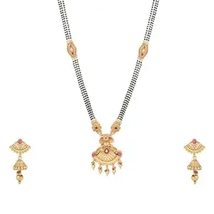 I Jewels Gold Plated Traditional Long Black Pearl Bedded Brass Temple Mangalsutra With Jhumki Earrings Set For Women (D112)
