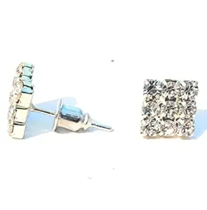 HIMMU'S FASHION HUB Square Stud Earrings, Silver-Toned, Rhinestone Cluster Design Elegance and for Women & Mens Pack of 1 Pair