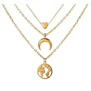 Vembley Stunning Gold Plated Triple Layered Heart Moon and Earth Pendant Necklace