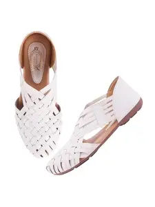 Shoetopia Women's White Woven Ballerina Flats – Ethnic Style Comfortable Slip-On Juttis with Closed Toe for Casual & Festive -EU42
