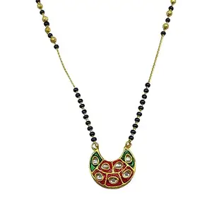 Digital Dress Room Short Mangalsutra Designs Stylish New Gold Plated Necklace Simple Mangalsutra Maharashtrian Tanmaniya Red Green Kundan Pendant Single Line Gold & Black Beads Chain Designs For Women (18 Inches)