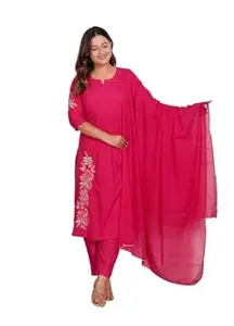 GKCrafts Women's Cotton Embroidered Straight Kurti With Pant and Dupatta Set (Pink-XL)