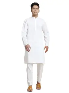 Amazon Brand - Anarva Men's Cotton Kurta Pajama for Eid,Yoga Casual Dress Set (White,Large)