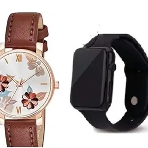 LAKSH Best Quality Ethnic Embossed Designer Shine Round Dial with Slim Fit Leather Belt Women Analog Watches for Girls with Free Digital Watch(SR-405) AT-4051(Pack of-2)