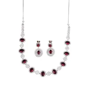 Luxury Ruby Red Crystal Jewellery Set with Ring and Necklace, Plated, Studded with American Diamonds