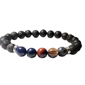 RRJEWELZ Natural Lava Rock, Tigers Eye, Blue Goldstone, Smoky Quartz 8mm Round Shape Smooth Cut Beads 6.5 Inch Stretchable Bracelet For Men & Women. Unisex Bracelet For Healing|STBR_RR_04980_6.5